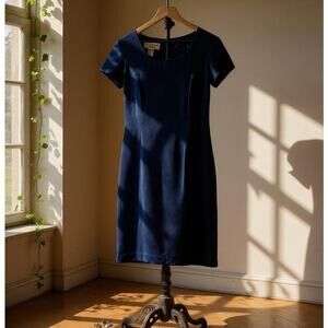 JONES NEW YORK 100% Silk Sheath Dress Navy Blue Cap Sleeves Vintage Womens 6